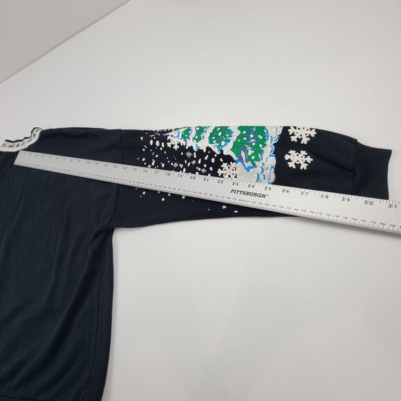 Vintage 90s Black Ugly Christmas Sweatshirt Puff Print Seasons Greetings sz L - Picture 9 of 11